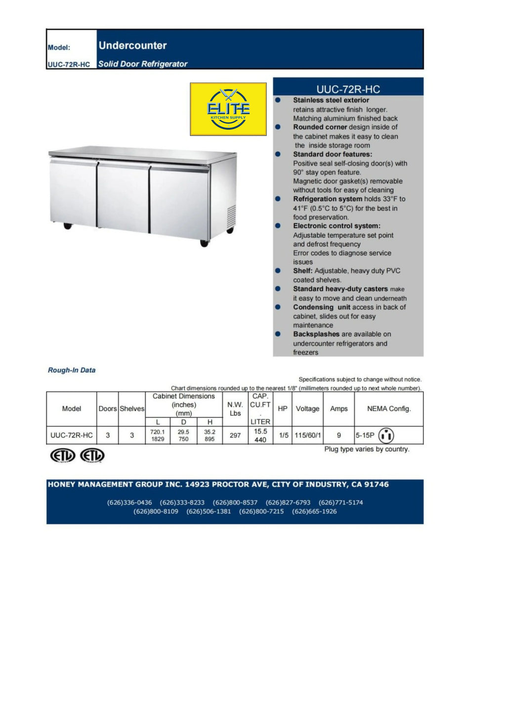ft.. 72 ins Commercial Three Door Undercounter Stainless Steel Refrigerator 15.5 Cu