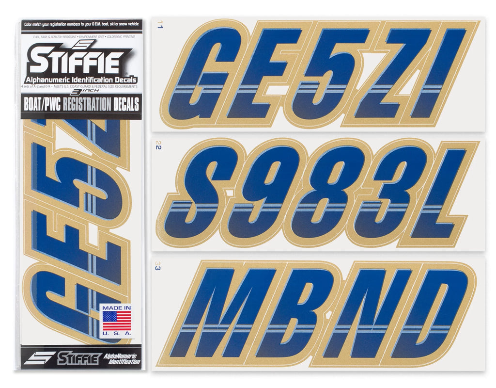 STIFFIE Techtron Navy/Gold 3" Alpha-Numeric Identification Custom Kit Registration Numbers & Letters Marine Stickers Decals for Boats & Personal Watercraft PWC
