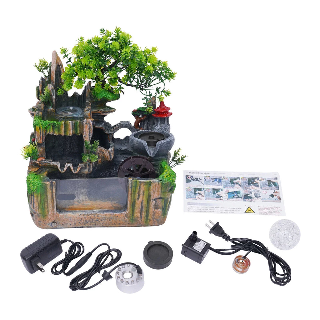 Miumaeov Desktop Simulation Rockery Fountain Ornament Small Waterfall Landscape Countertop Decoration Fish Tank with Led Light Atomizing Humidifier Effect for Office Home Bedroom