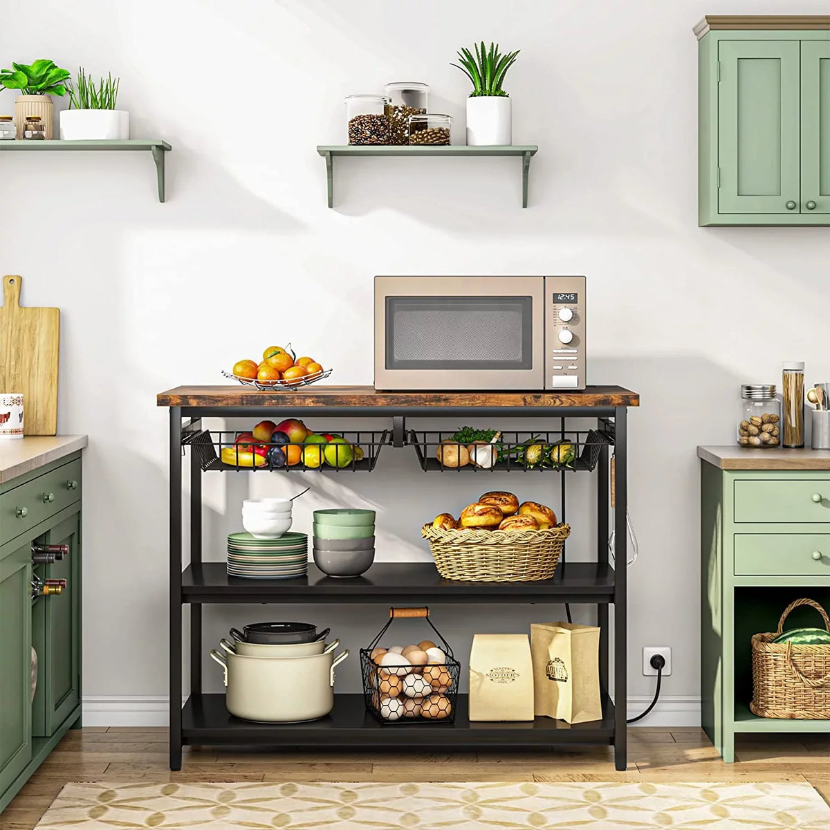 STCKJXX Kitchen Island with   Industrial Island Table with Power Outlets and Wire Baskets  3 Tier Microwave Oven Stand Butcher Block Island with Large Worktop  4 Hooks  Rustic Brown