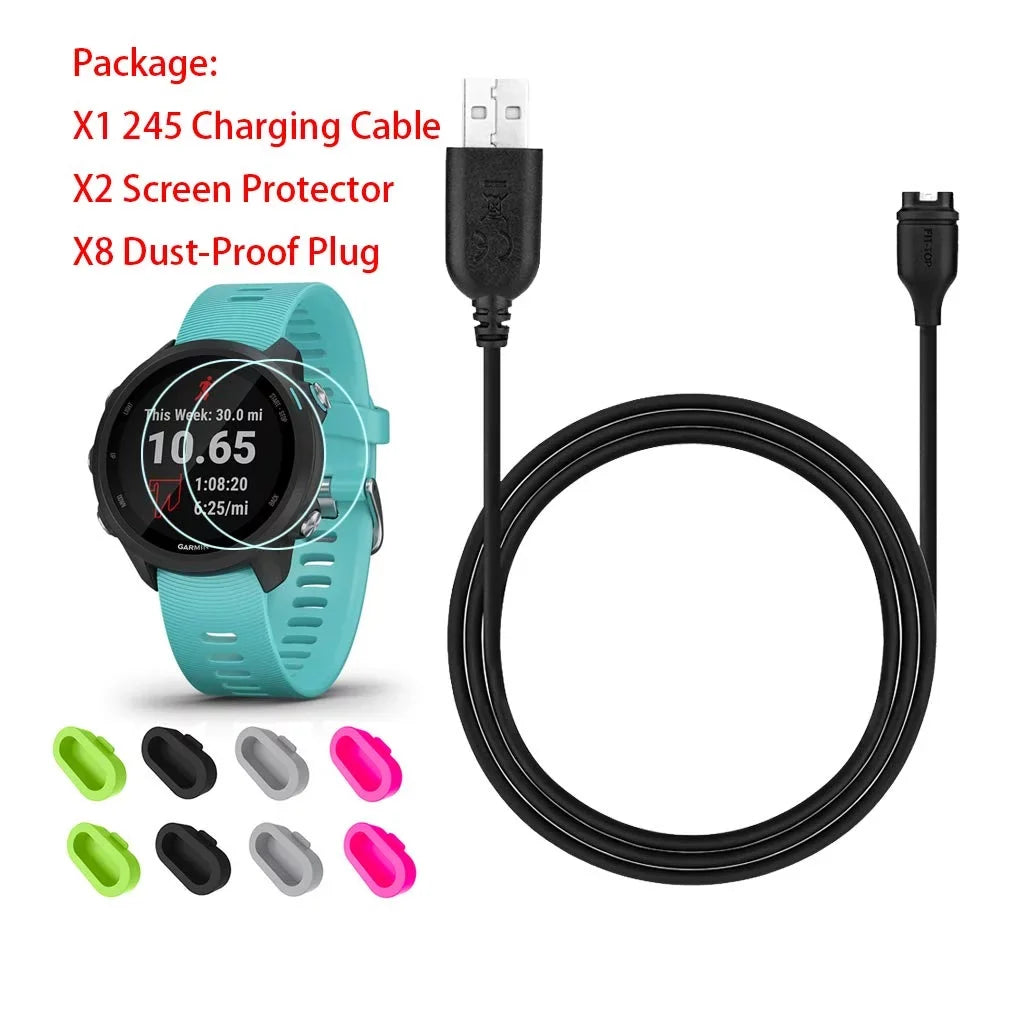 for Garmin Forerunner 245/Approach S60 Charger, Charging Clip Sync Data Cable and 2Pcs HD Tempered Glass Screen
