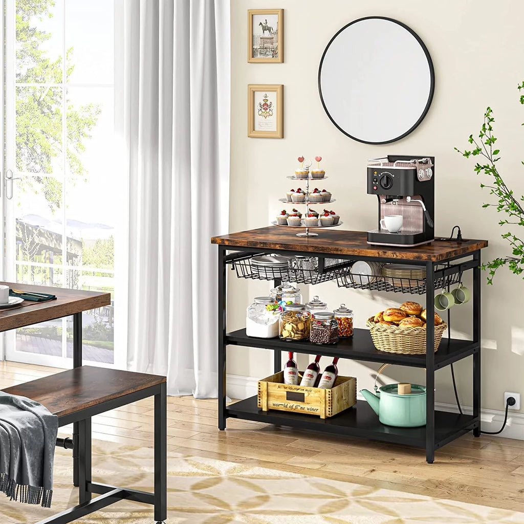 STCKJXX Kitchen Island with   Industrial Island Table with Power Outlets and Wire Baskets  3 Tier Microwave Oven Stand Butcher Block Island with Large Worktop  4 Hooks  Rustic Brown