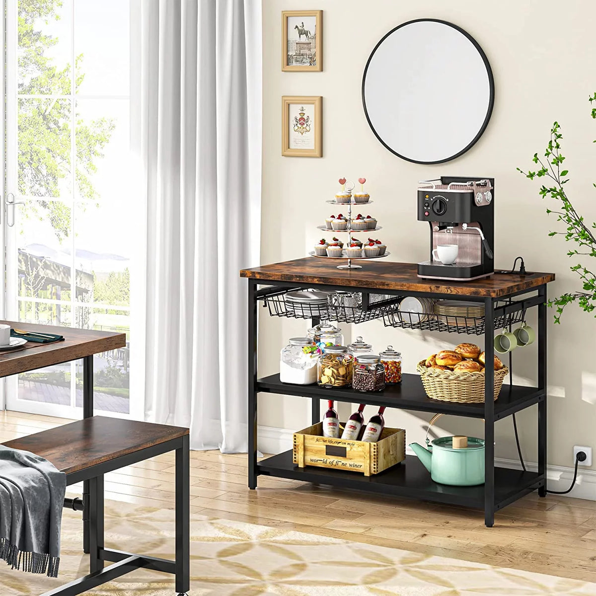 STCKJXX Kitchen Island with   Industrial Island Table with Power Outlets and Wire Baskets  3 Tier Microwave Oven Stand Butcher Block Island with Large Worktop  4 Hooks  Rustic Brown