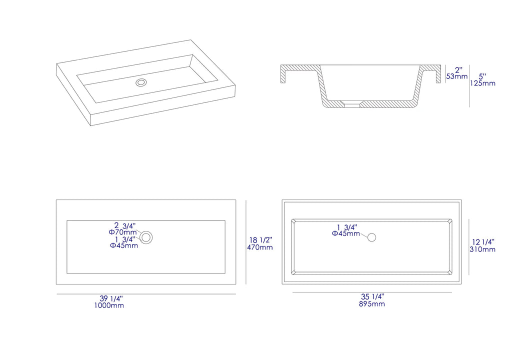 ALFI brand ABCO40TR 40" Solid Concrete Gray Matte Trough Sink for the Bathroom