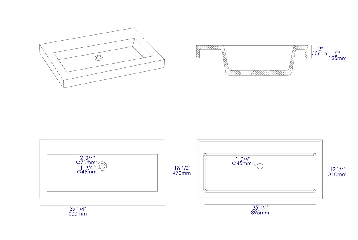 ALFI brand ABCO40TR 40" Solid Concrete Gray Matte Trough Sink for the Bathroom