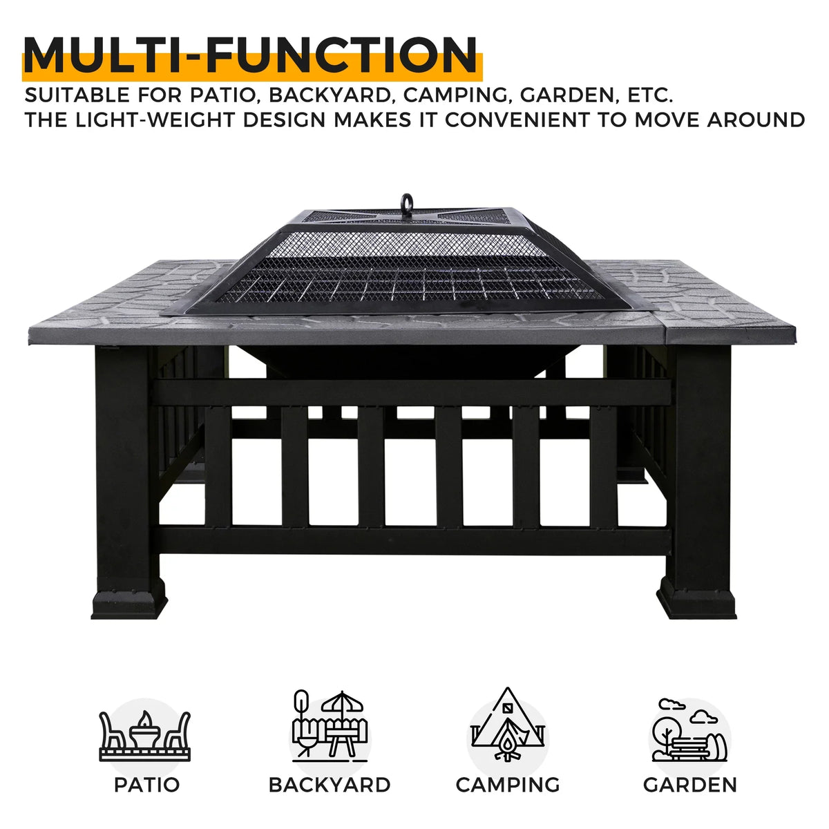 Kmowoo Multifunctional Fire Pit Table 32in 3 in 1 Metal Square Patio Firepit Table BBQ Garden Stove with Spark Screen, protector, Log Grate and Poker