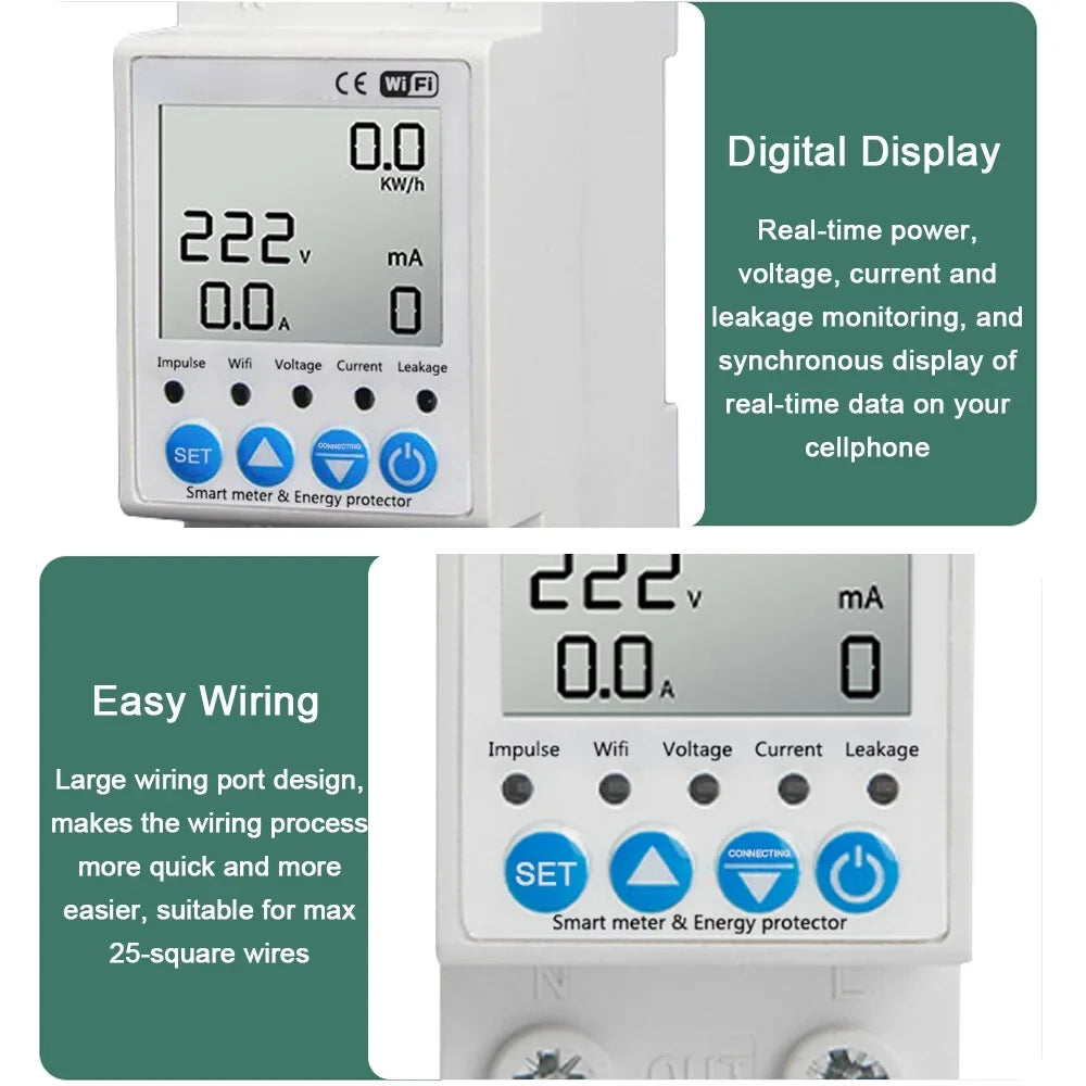 Tuya WiFi Intelligent Leakage Protecting Switch Current Voltage Monitoring Circuit Breaker Timer Function Power Meter matching with Amazon Alexa and Google home for Voice Control