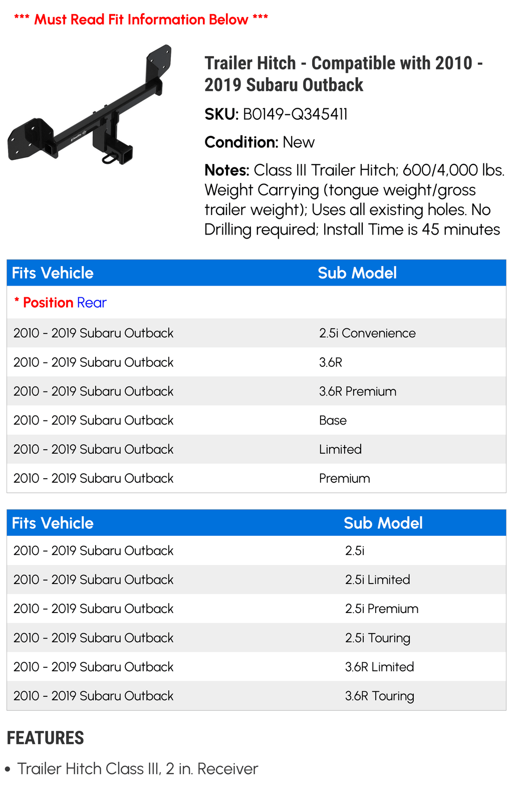 Trailer Hitch - suitable with 2010 - 2019 Subaru Outback 2011 2012 2013 2014 2015 2016 2017 2018