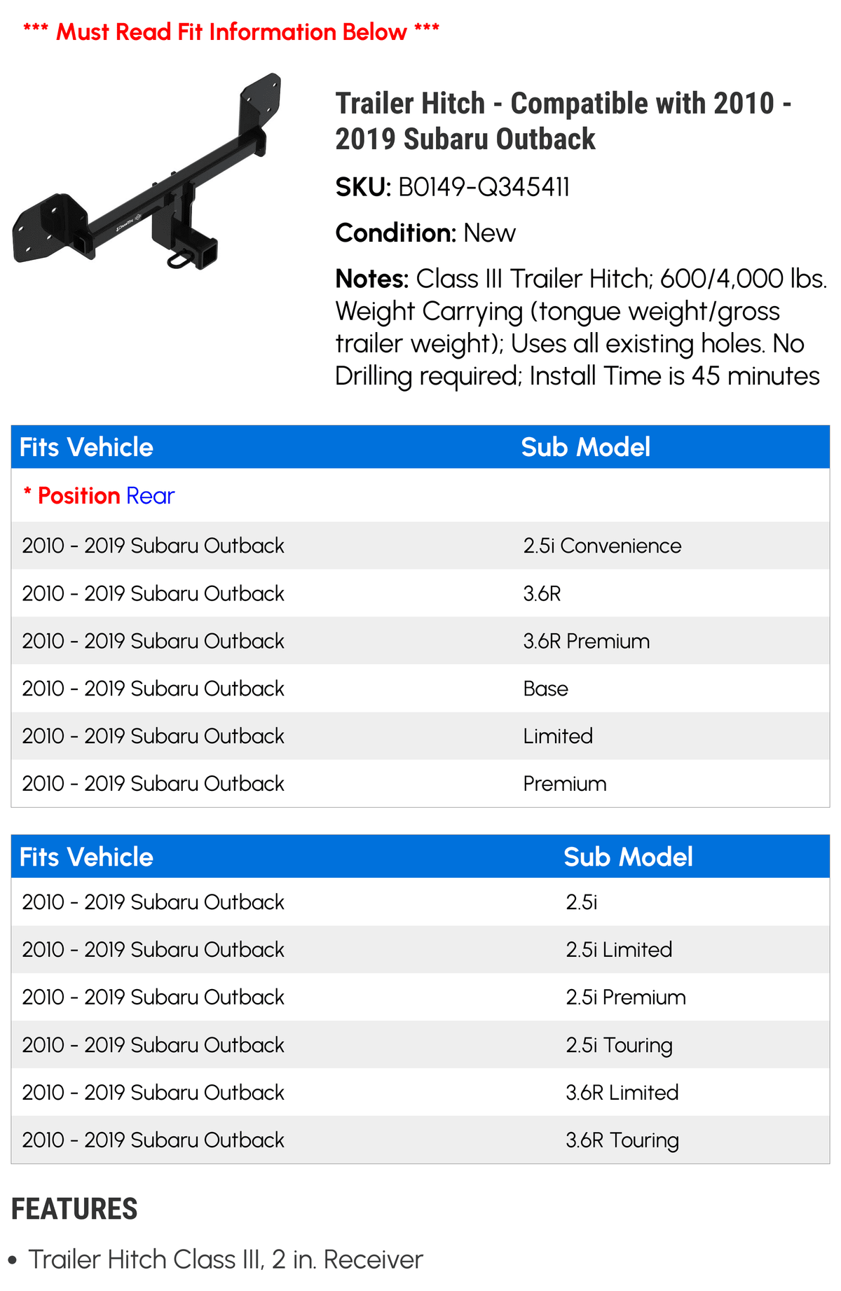Trailer Hitch - suitable with 2010 - 2019 Subaru Outback 2011 2012 2013 2014 2015 2016 2017 2018