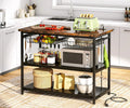 STCKJXX Kitchen Island with   Industrial Island Table with Power Outlets and Wire Baskets  3 Tier Microwave Oven Stand Butcher Block Island with Large Worktop  4 Hooks  Rustic Brown