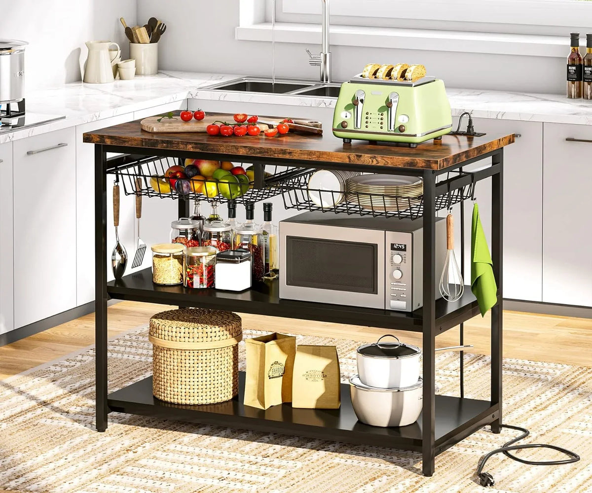 STCKJXX Kitchen Island with   Industrial Island Table with Power Outlets and Wire Baskets  3 Tier Microwave Oven Stand Butcher Block Island with Large Worktop  4 Hooks  Rustic Brown