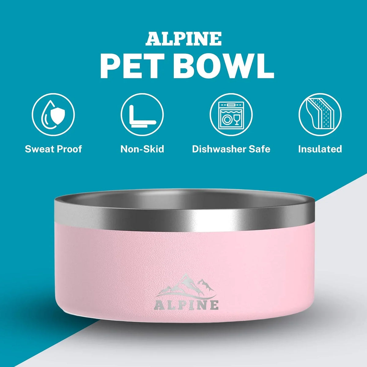 ALPINE Set of 2 Stainless Steel Dog Bowls, Non Slip, Metal Pet Bowl for Food and aqua, Double Walled Insulated, Rustproof, Dishwasher Safe (32 oz, Pink)
