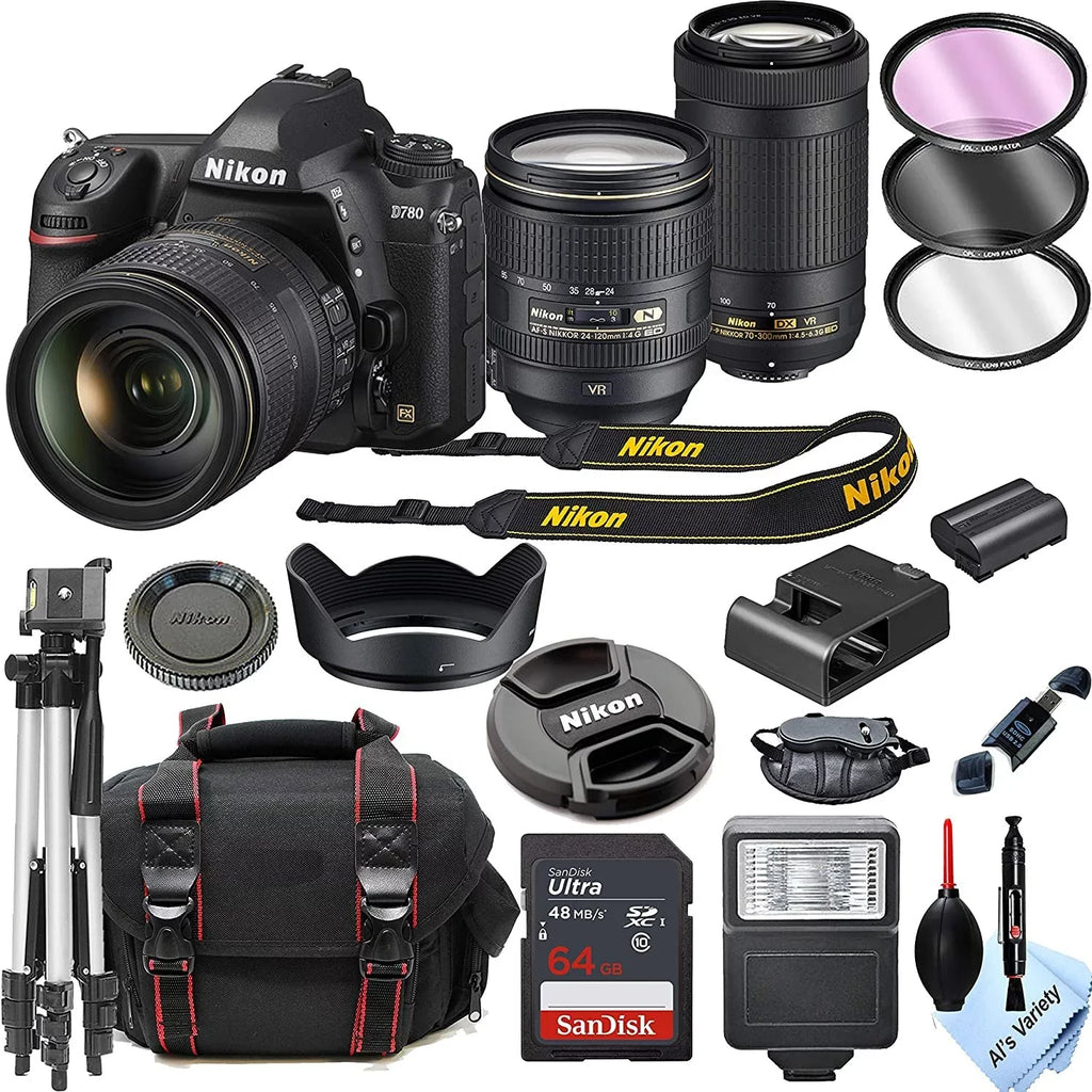 D780 DSLR Camera with 24-120mm VR and 70-300mm VR Lenses + 32GB Card, Tripod, Flash, and More 19pc Bundle