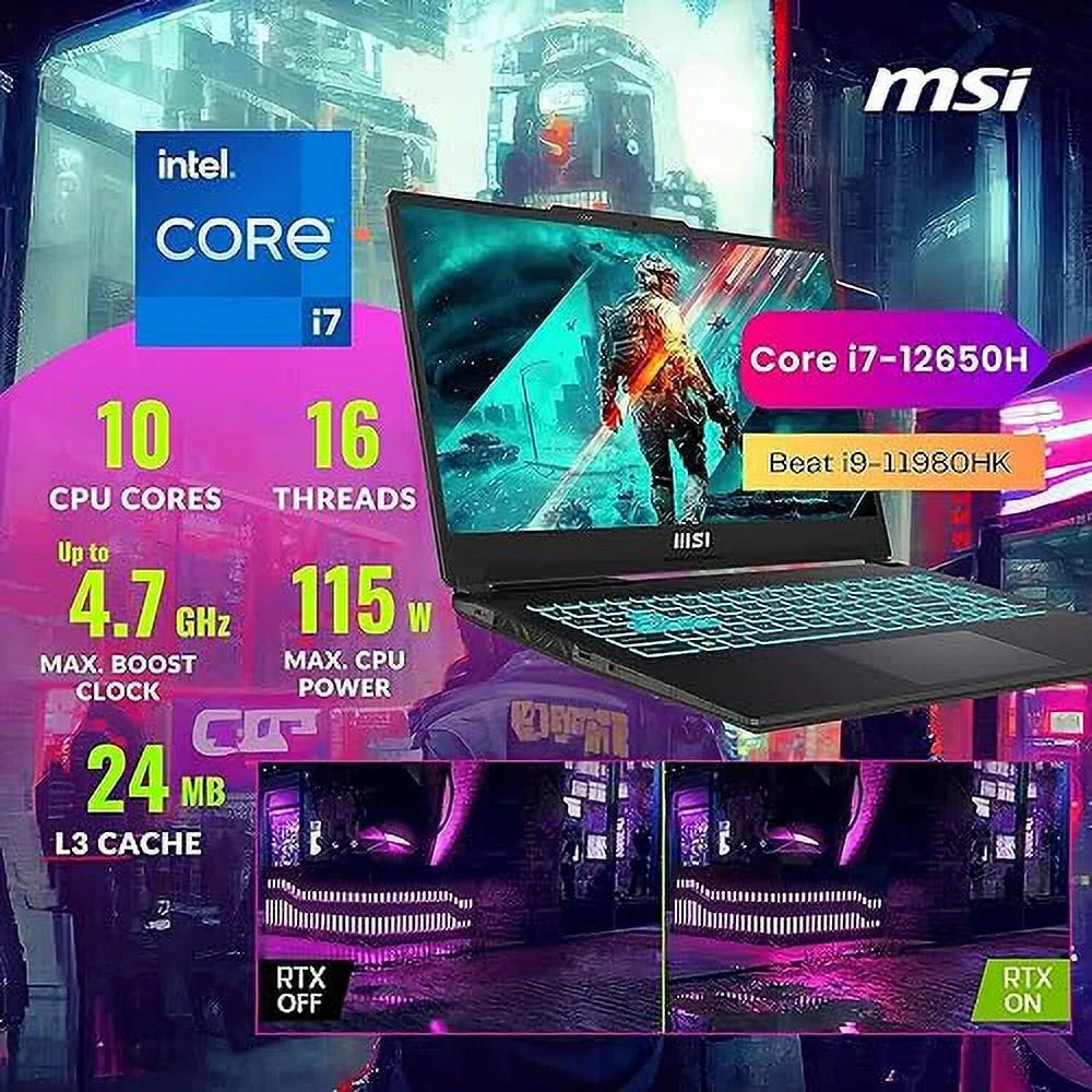 MSI Cyborg 15 Gaming Laptop, 15.6" FHD 144Hz Display,  Core i7-12650H, NVIDIA GeForce RTX 4060, 32GB DDR5 RAM, 1TB SSD, Webcam, Backlit Keyboard, Wi-Fi 6, Windows 11 Home, Translucent Black