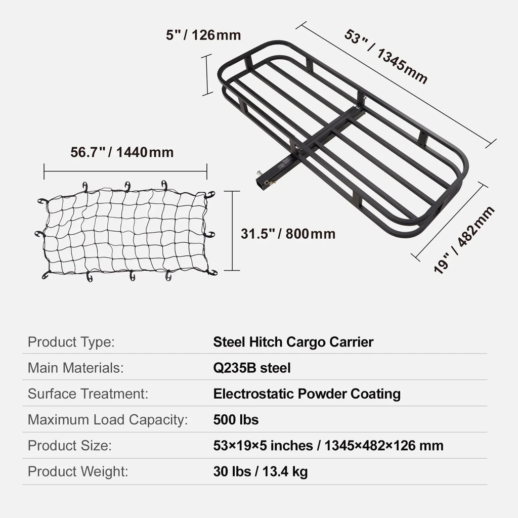 SKYSHALO Hitch Mount Cargo Carrier 500lb 53x19x5 in & Cargo Net Fits 2" Receiver