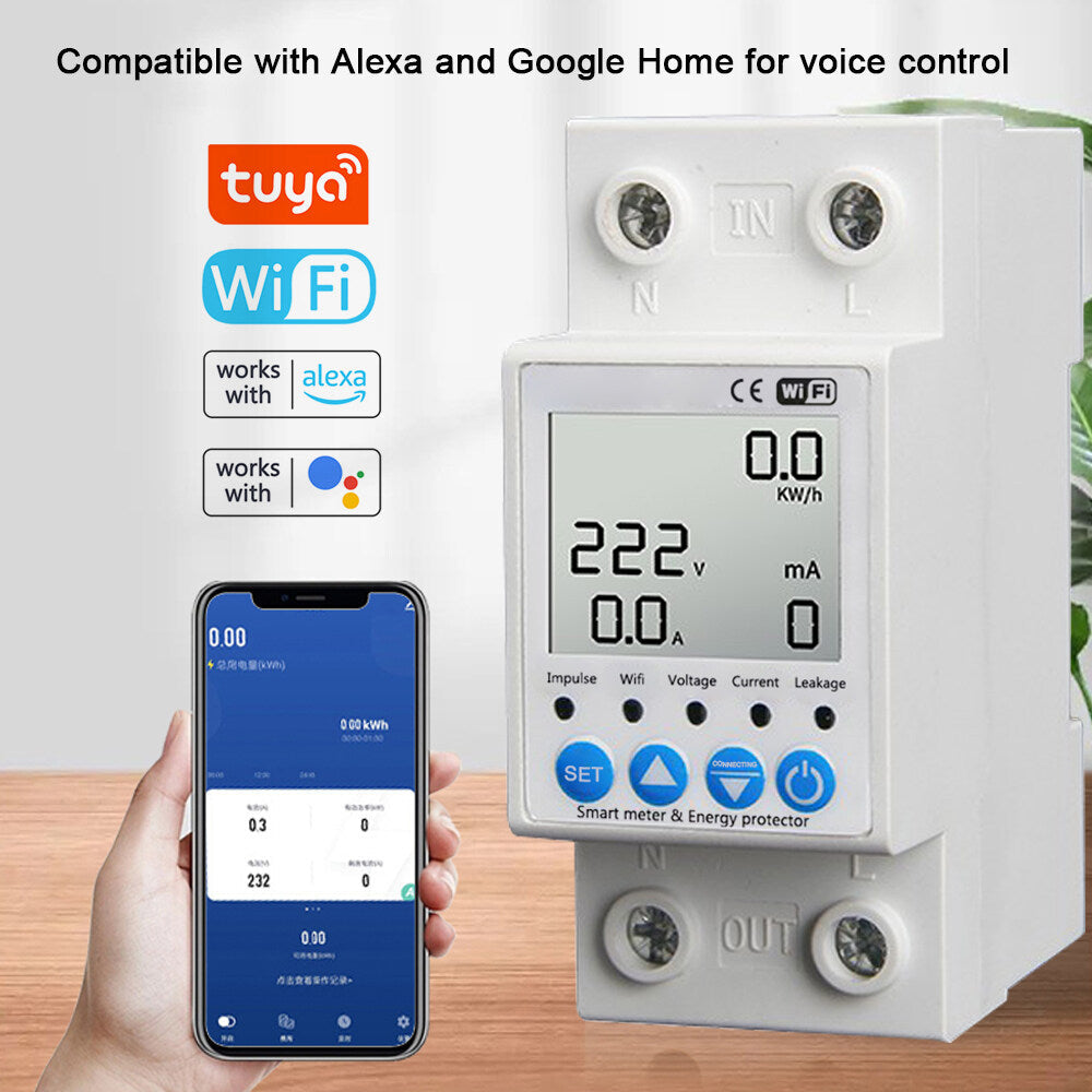 Tuya WiFi Intelligent Leakage Protecting Switch Current Voltage Monitoring Circuit Breaker Timer Function Power Meter matching with Amazon Alexa and Google home for Voice Control