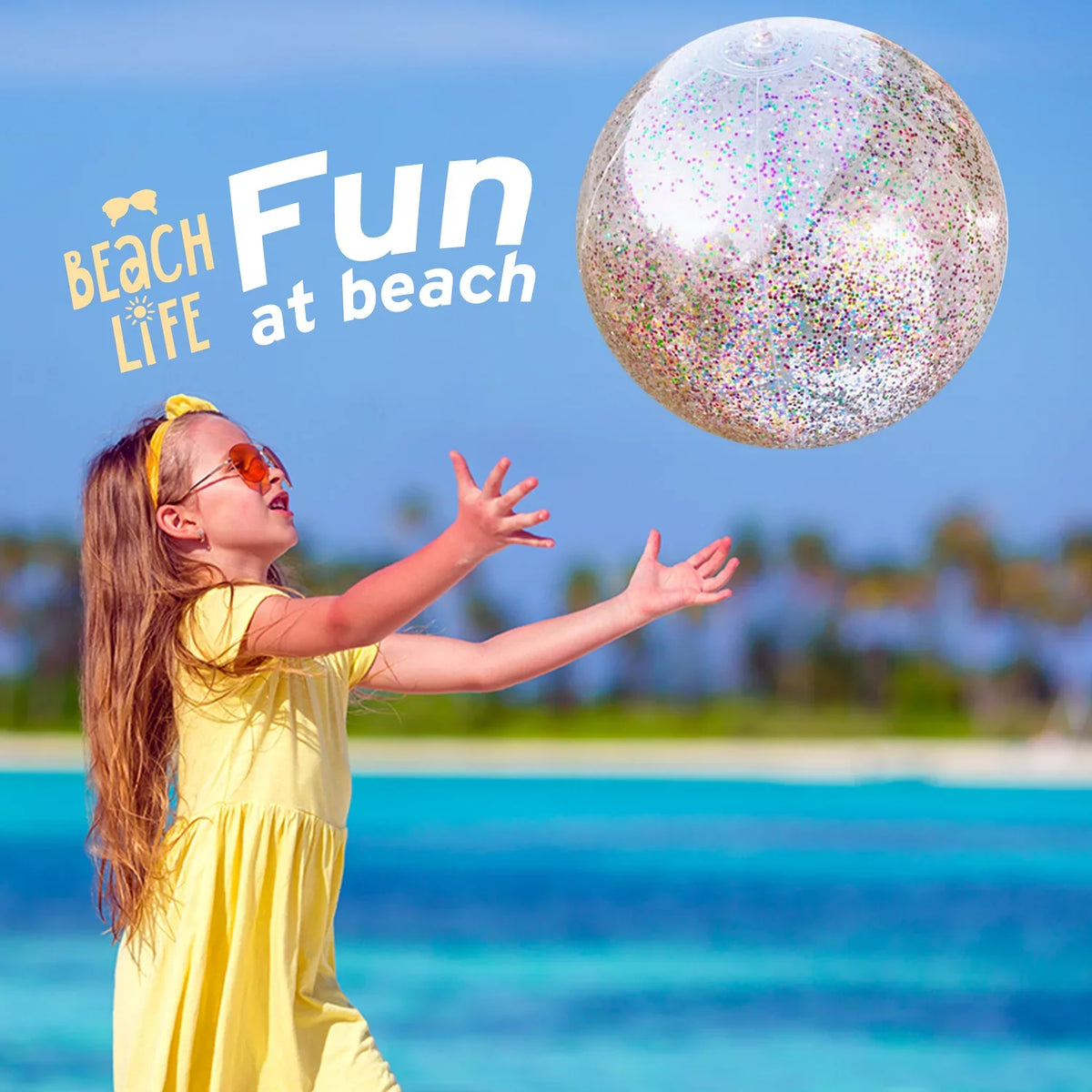 Lina Inflatable Beach Ball Pool Accessory Glitter Confetti 16 & 24 Inch Outdoor Beach Theme liquid Sand Toy Beach Party Decoration, Pool Party Supplies Beach Balls -Set of 5 |