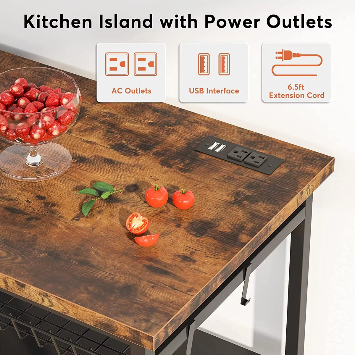 STCKJXX Kitchen Island with   Industrial Island Table with Power Outlets and Wire Baskets  3 Tier Microwave Oven Stand Butcher Block Island with Large Worktop  4 Hooks  Rustic Brown