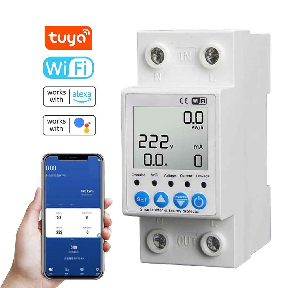 Tuya WiFi Intelligent Leakage Protecting Switch Current Voltage Monitoring Circuit Breaker Timer Function Power Meter matching with Amazon Alexa and Google home for Voice Control