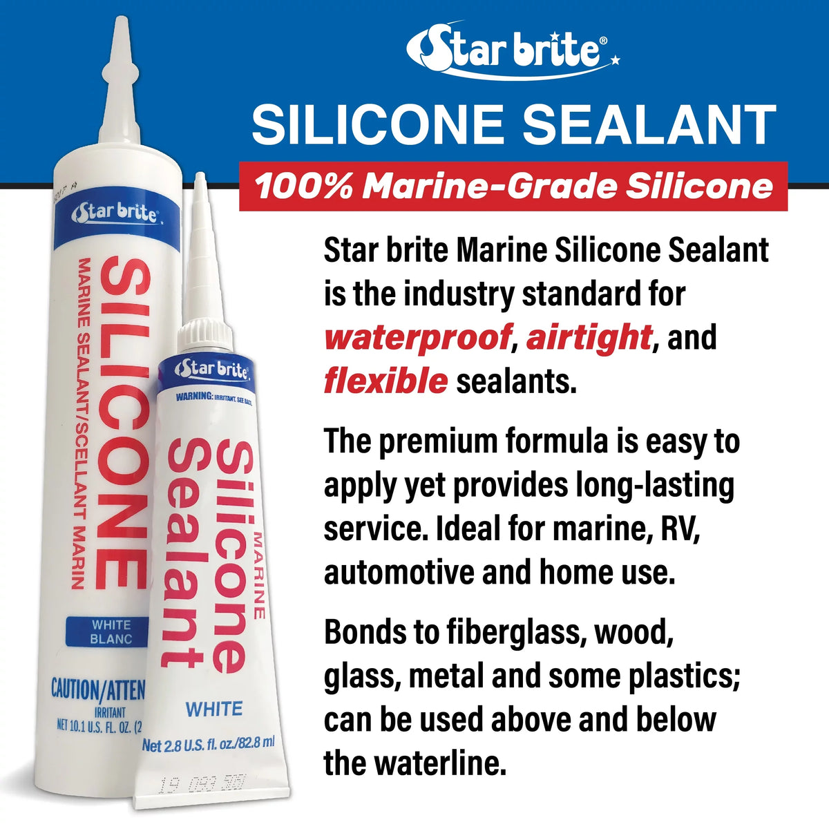 STAR BRITE Marine Silicone Sealant - Clear, 10.1 Oz Cartridge, Waterproof, Durable, UV impervious, for Fiberglass, Metal, Wood, Glass, Ceramic & More (082122)