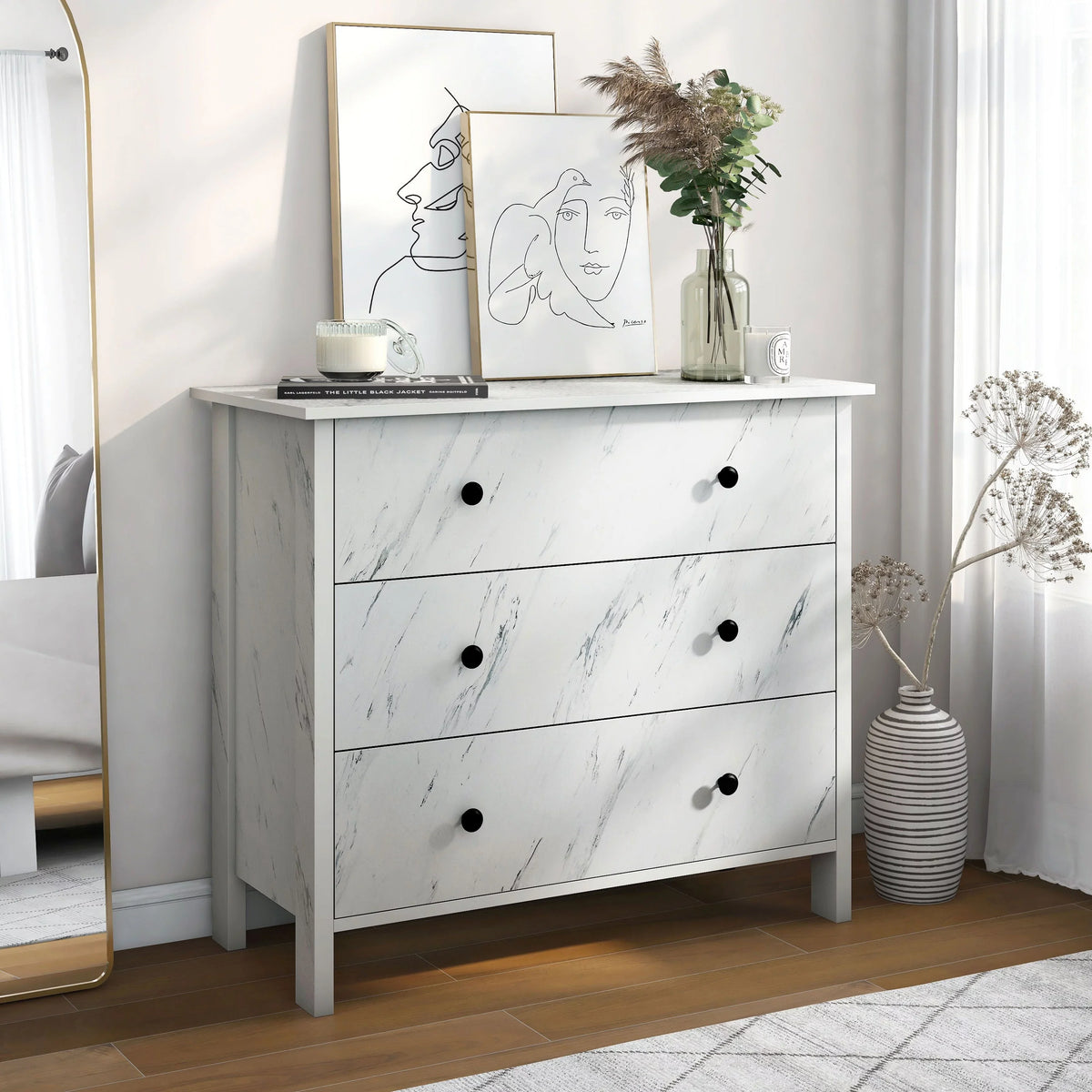 Denhour DH BASIC Transitional 34-inch Wide 3-Drawer Neutral Youth Dresser by  White Marble