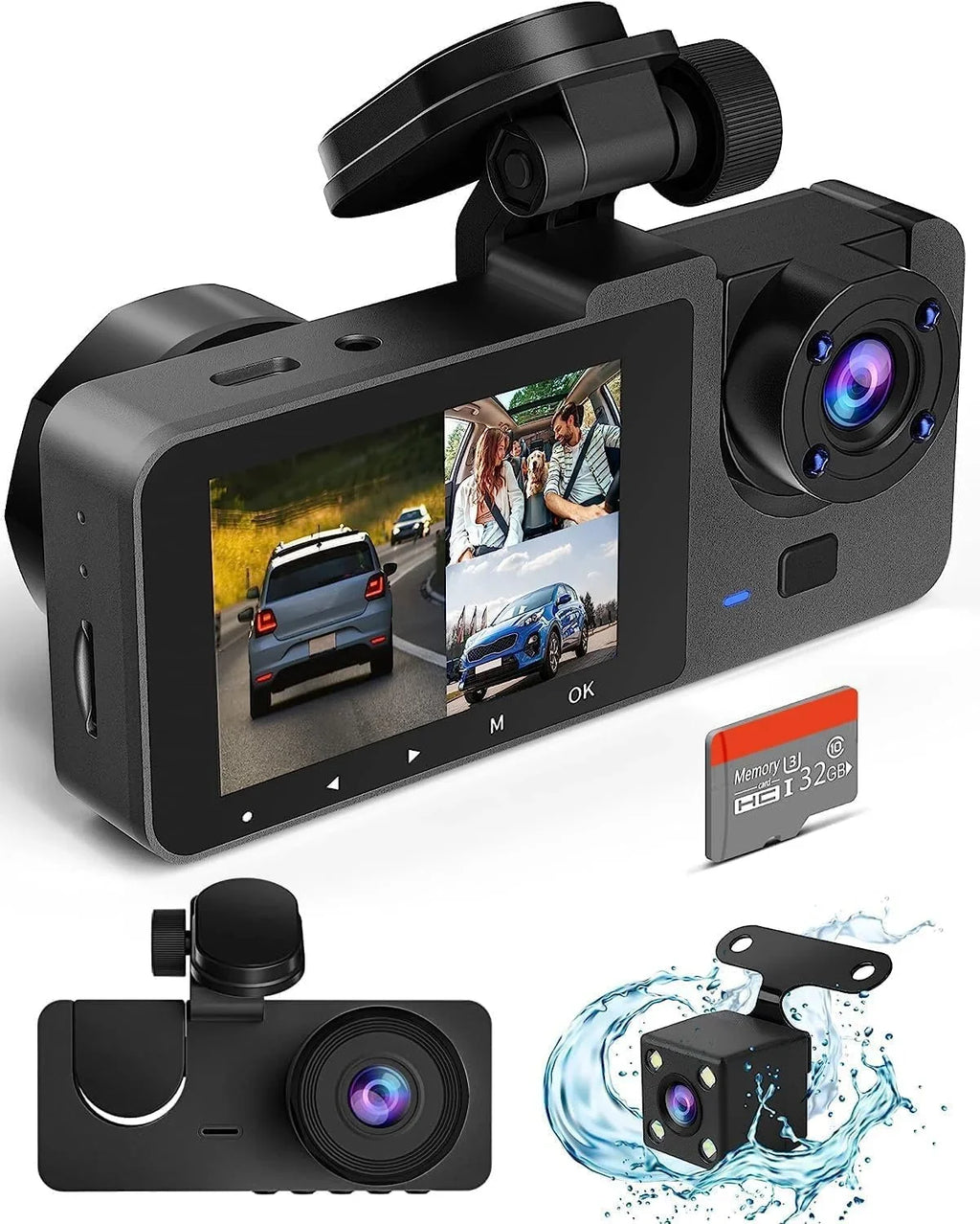 3 Channel Dash Cam Front and Rear Inside,4K Full UHD Dash Camera for Cars with Free 32GB SD Card,Built-in Super Night Vision,170°Wide Angle,2.0'' IPS Screen,WDR,Loop Recording,24H Parking Mode