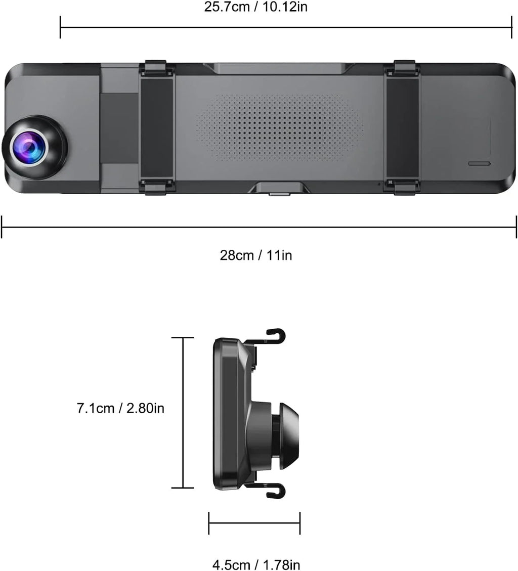 VVCAR 3 Channels Dash Cam 4K GPS 11" Touch Screen Rear View Mirror Camera for Car Night Vision G-Sensor Parking Monitor 32GB Card