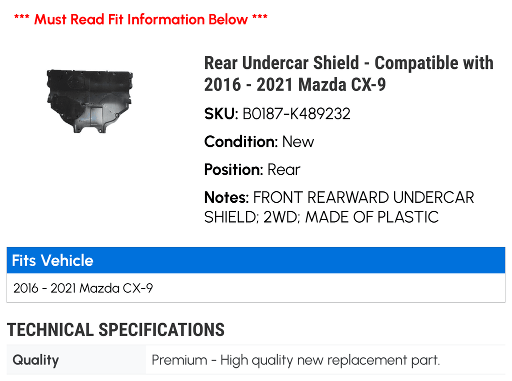 Rear Undercar Shield - suitable with 2016 - 2021 Mazda CX-9 2017 2018 2019 2020