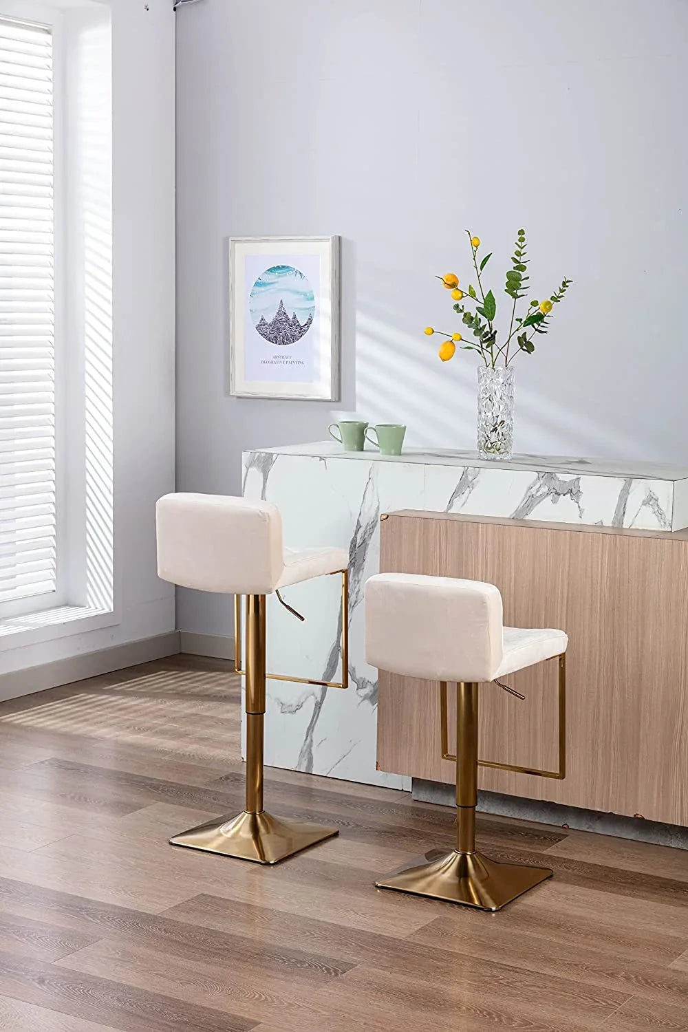 TJUNBOLIFE Velvet  Stools  Modern Swivel Counter Height Barstools  Height Adjustable Kitchen Stools for Island  Chairs Island Stools Chair Gold sillas para barra de cocina (Ivory  Set of