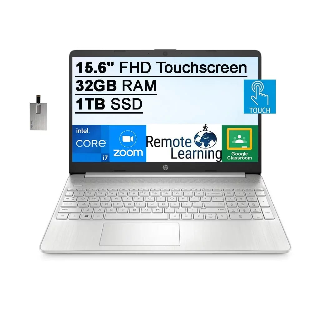 2021 15.6" FHD IPS Touchscreen Laptop Computer,  Core i7-1165G7 (Beats i7-1065g7), 32GB RAM, 1TB SSD,  Iris Xe Graphics, HD Webcam, HD Audio, Windows 11 S, Silver, 32GB SnowBell USB Card
