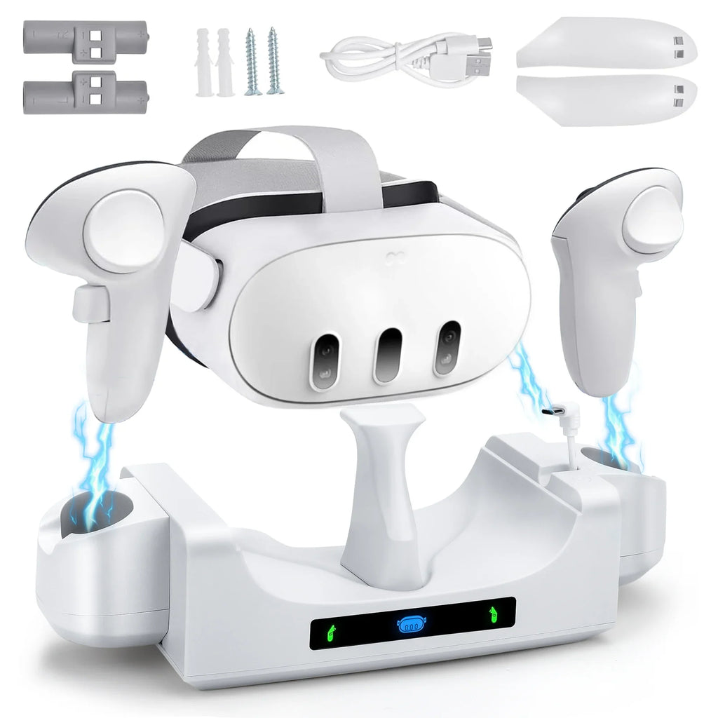 EEEkit Charging Station Fit for Oculus/Meta Quest 3 Headset and Controller, Dual-use Charging Stand with 2 Rechargeable Batteries, Battery shield, Wall Mount Charging Dock