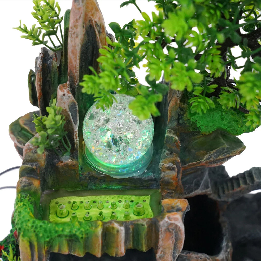 Miumaeov Desktop Simulation Rockery Fountain Ornament Small Waterfall Landscape Countertop Decoration Fish Tank with Led Light Atomizing Humidifier Effect for Office Home Bedroom