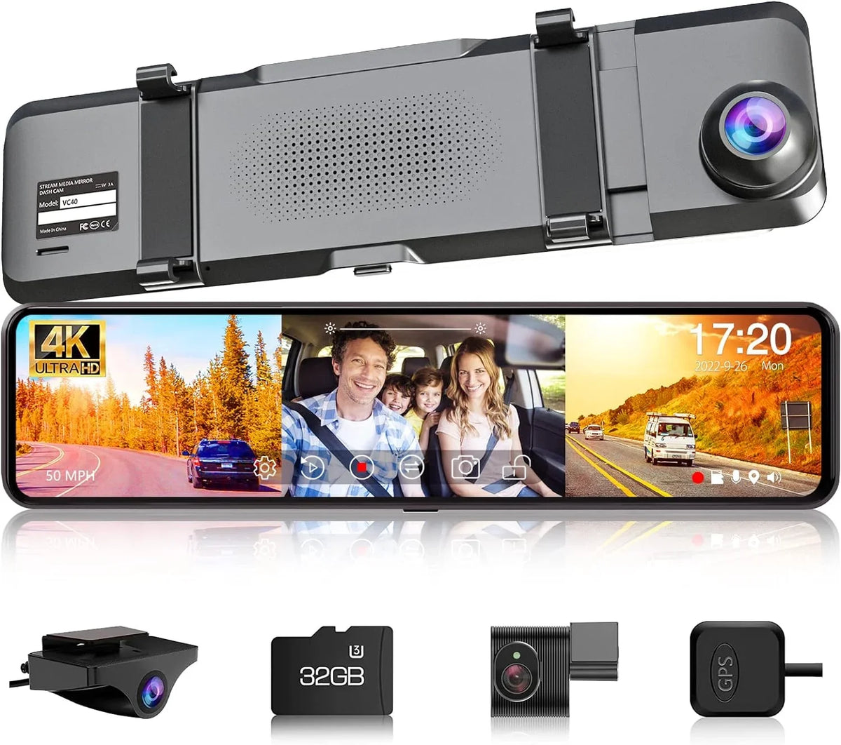 VVCAR 3 Channels Dash Cam 4K GPS 11" Touch Screen Rear View Mirror Camera for Car Night Vision G-Sensor Parking Monitor 32GB Card
