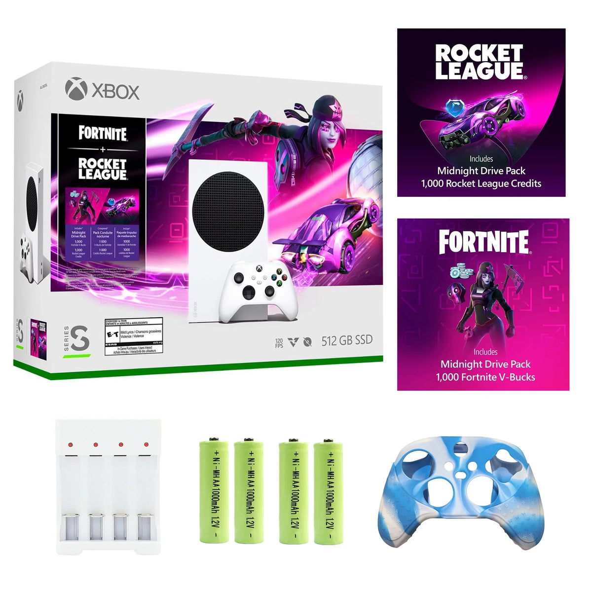 Xbox Series S – Fortnite & Rocket League Bundle (Disc-free Gaming) - White, 512 GB Video Game Consoles, Bundled with Silicone Controller shield Skin + Batteries and Charger Accessories Set