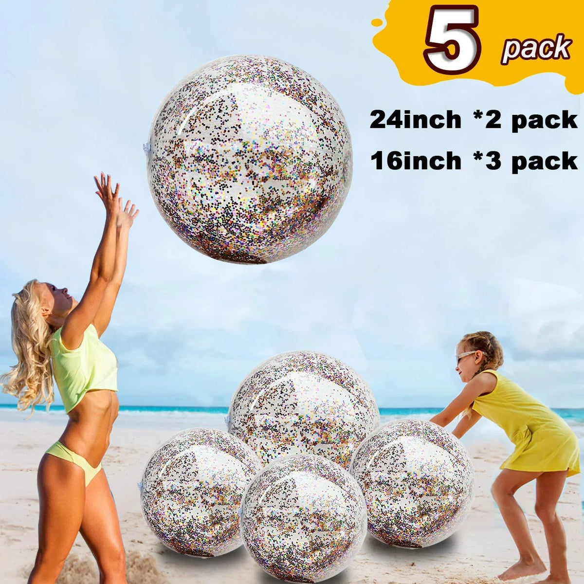 Lina Inflatable Beach Ball Pool Accessory Glitter Confetti 16 & 24 Inch Outdoor Beach Theme liquid Sand Toy Beach Party Decoration, Pool Party Supplies Beach Balls -Set of 5 |