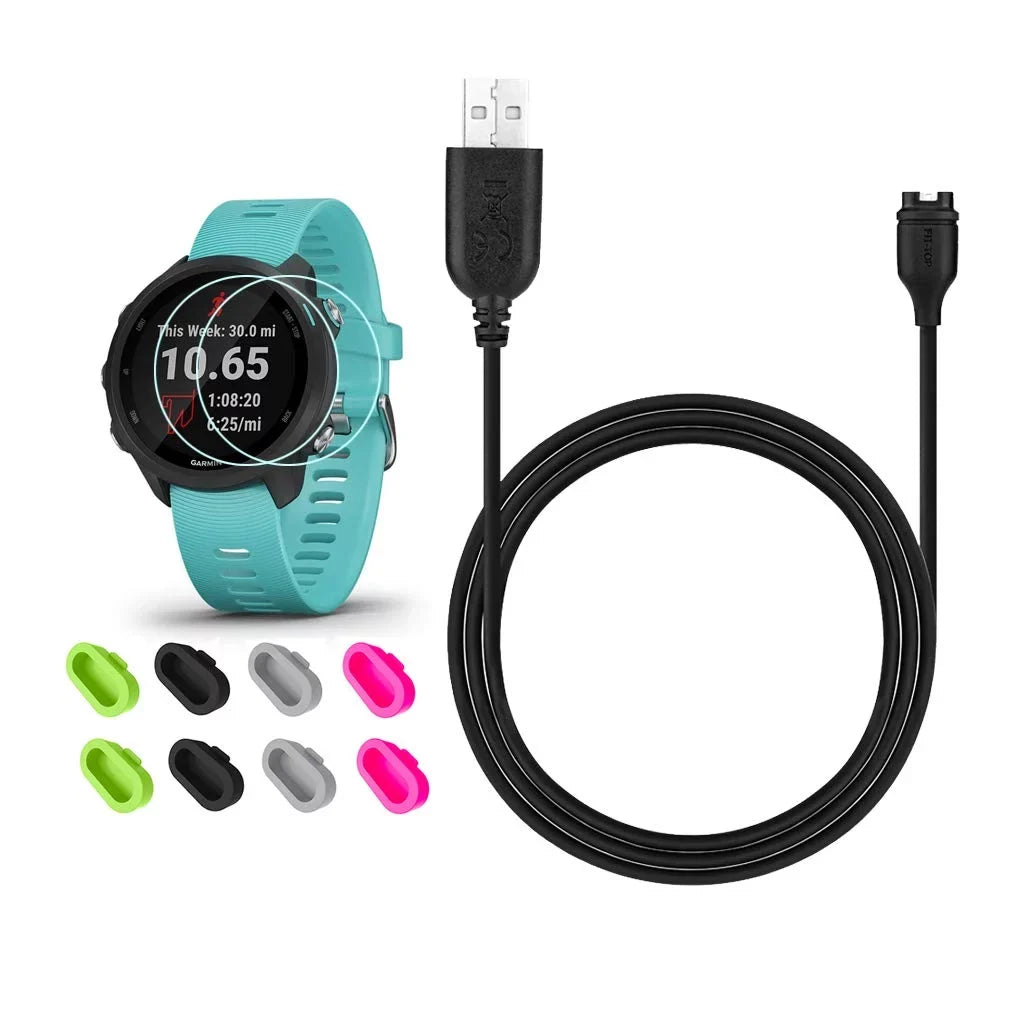 for Garmin Forerunner 245/Approach S60 Charger, Charging Clip Sync Data Cable and 2Pcs HD Tempered Glass Screen