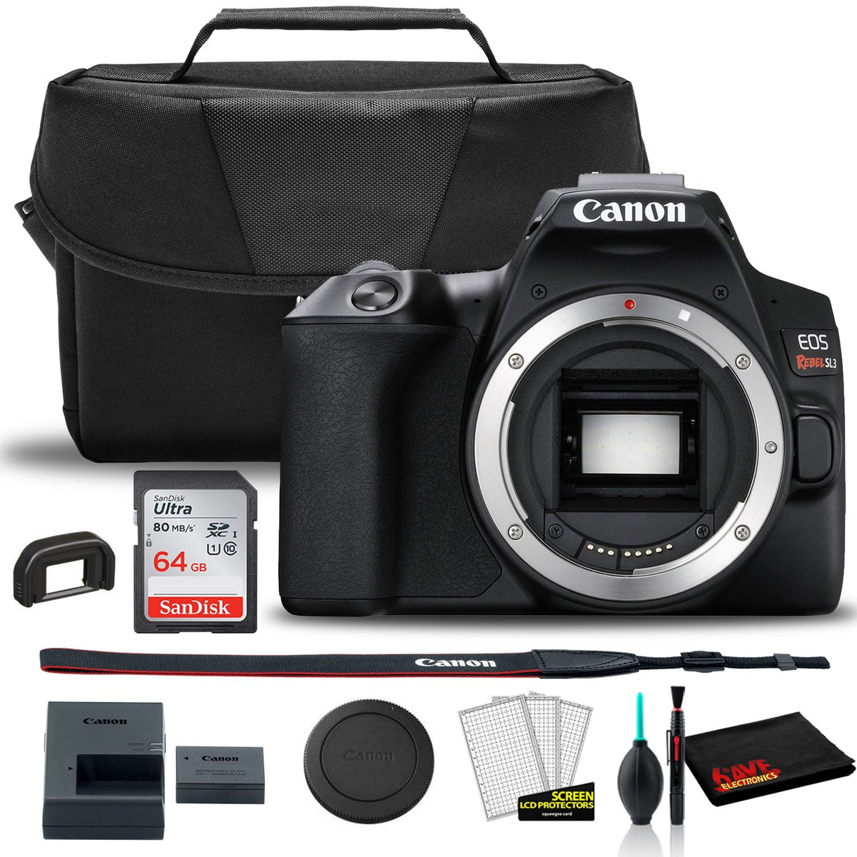 Rebel SL3 DSLR Camera (Body +  Bag + Sandisk 64GB Card + Care Kit