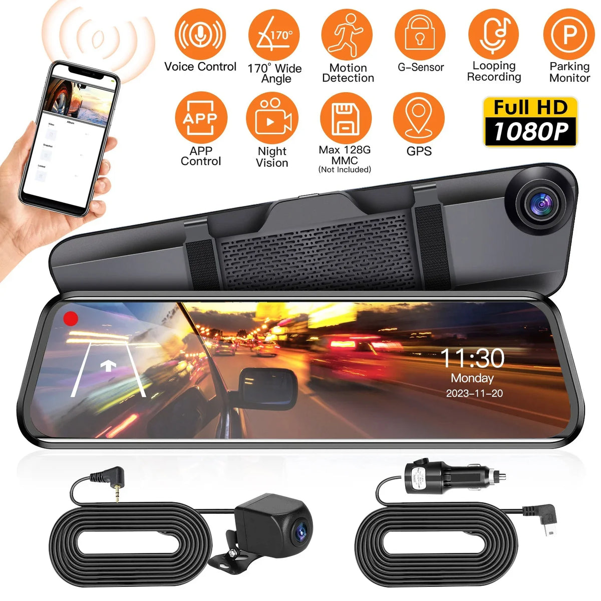 4K iMounTEK Car DVR 12in Dash Cam Camcorder Camera Recorder with 170° Angle Loop Recording Motion Detection Night Vision Voice Control APP Control G-sensor