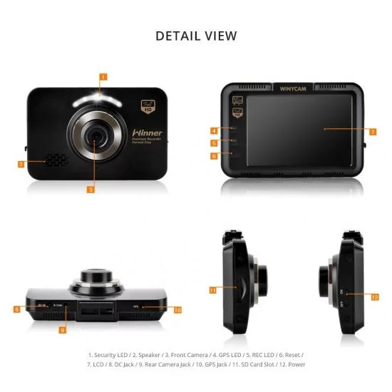 WinyTech 5MP Car Black box dash cam HD wide angle Dual cameras 3.5" LCD touch Screen