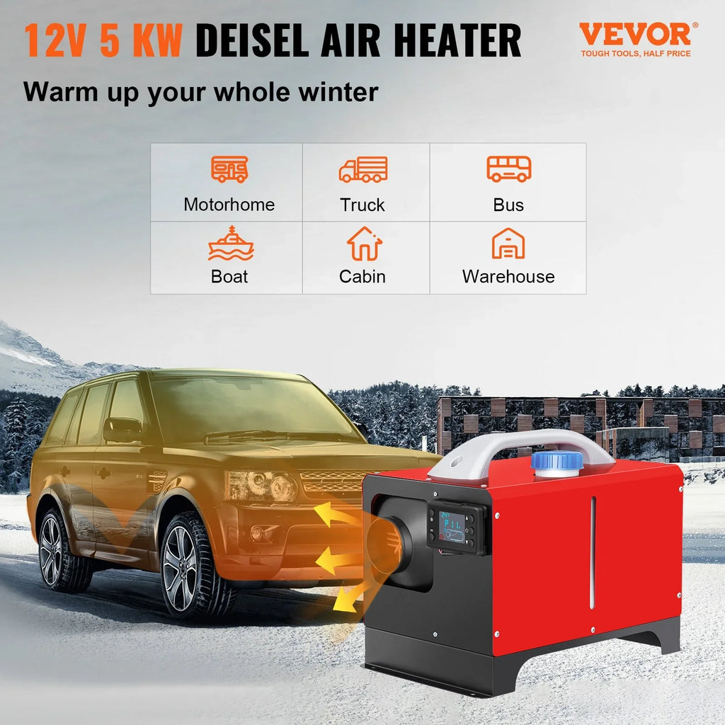 VEVOR 5KW 12V Diesel Air Heater with Remote Control and LCD, Fast Heating Mini Truck Heater for RV, ship, Bus, Car Trailer, Motorhomes