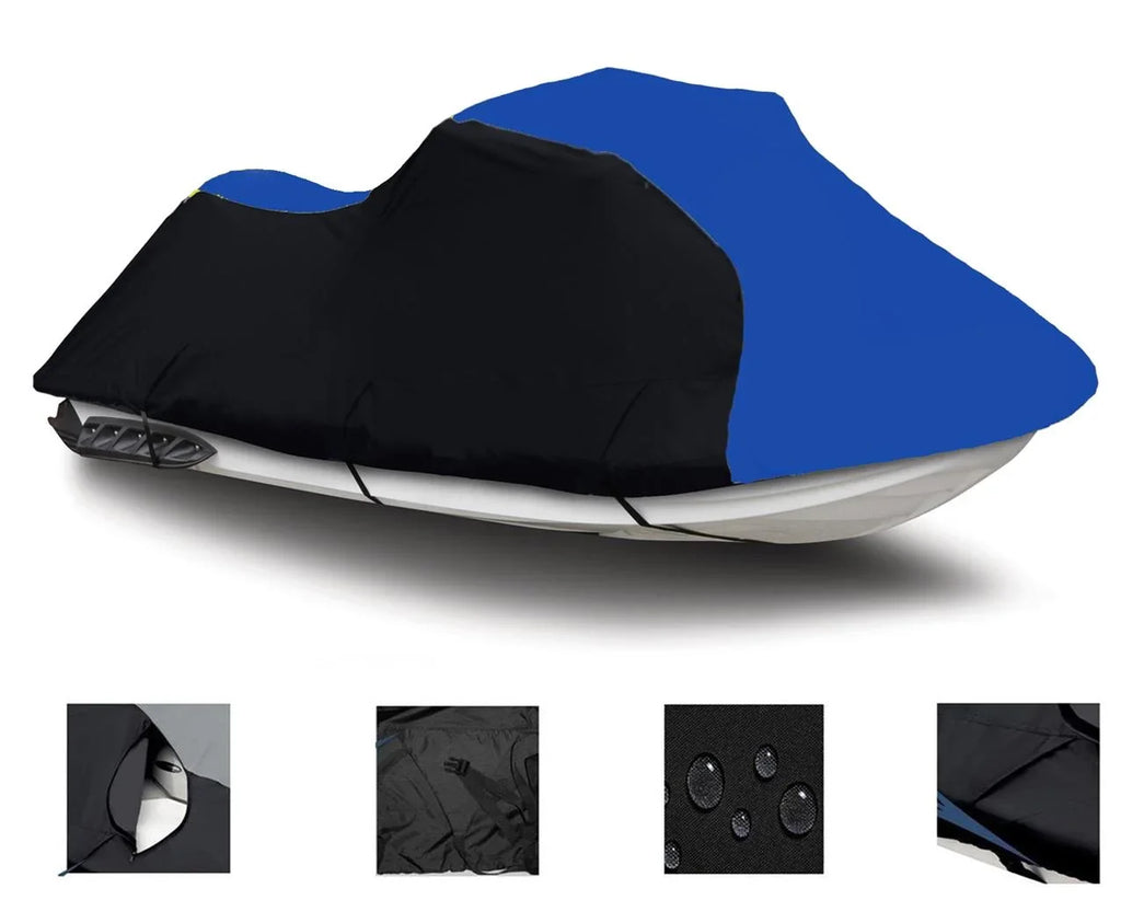 BLACK / BLUE HEAVY-DUTY, 600 DENIER protector matching for Kawasaki Ultra LX 2007 2008 2009 2010 2011 2012 2013 2014 2015 2016 2017 2018 2019 2020 2021 2022 Jet Ski PWC Watercraft protector Trailerable