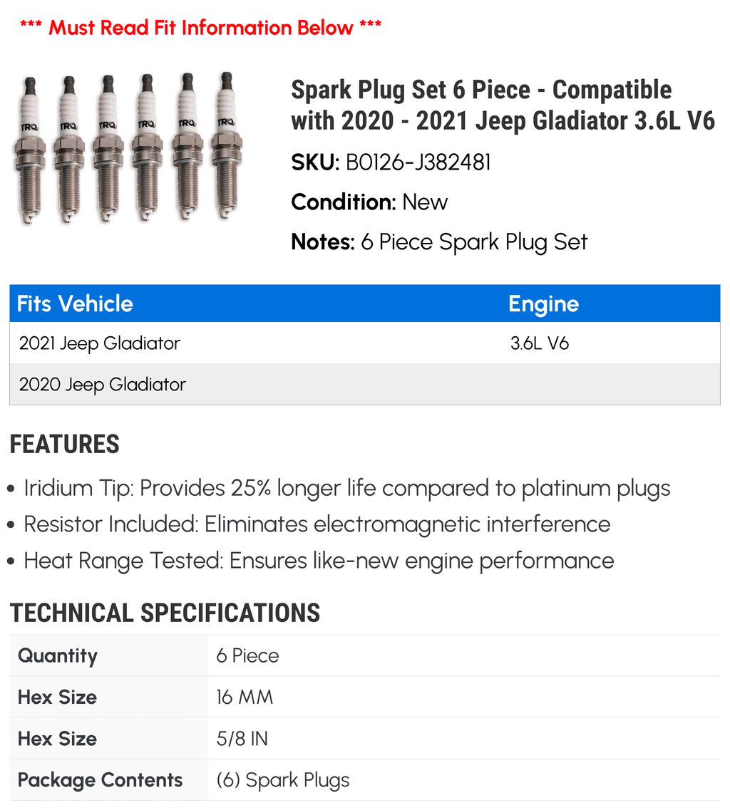 Spark Plug Set 6 Piece - matching with 2020 - 2021 Jeep Gladiator 3.6L V6