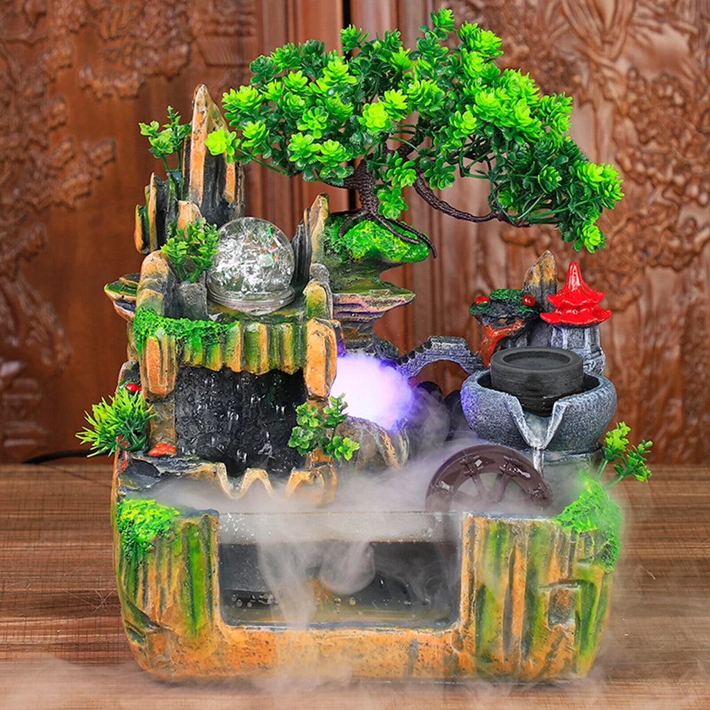 Miumaeov Desktop Simulation Rockery Fountain Ornament Small Waterfall Landscape Countertop Decoration Fish Tank with Led Light Atomizing Humidifier Effect for Office Home Bedroom