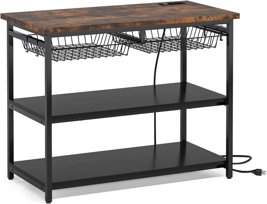 STCKJXX Kitchen Island with   Industrial Island Table with Power Outlets and Wire Baskets  3 Tier Microwave Oven Stand Butcher Block Island with Large Worktop  4 Hooks  Rustic Brown