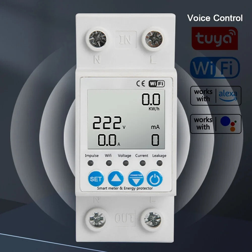 Tuya WiFi Intelligent Leakage Protecting Switch Current Voltage Monitoring Circuit Breaker Timer Function Power Meter matching with Amazon Alexa and Google home for Voice Control