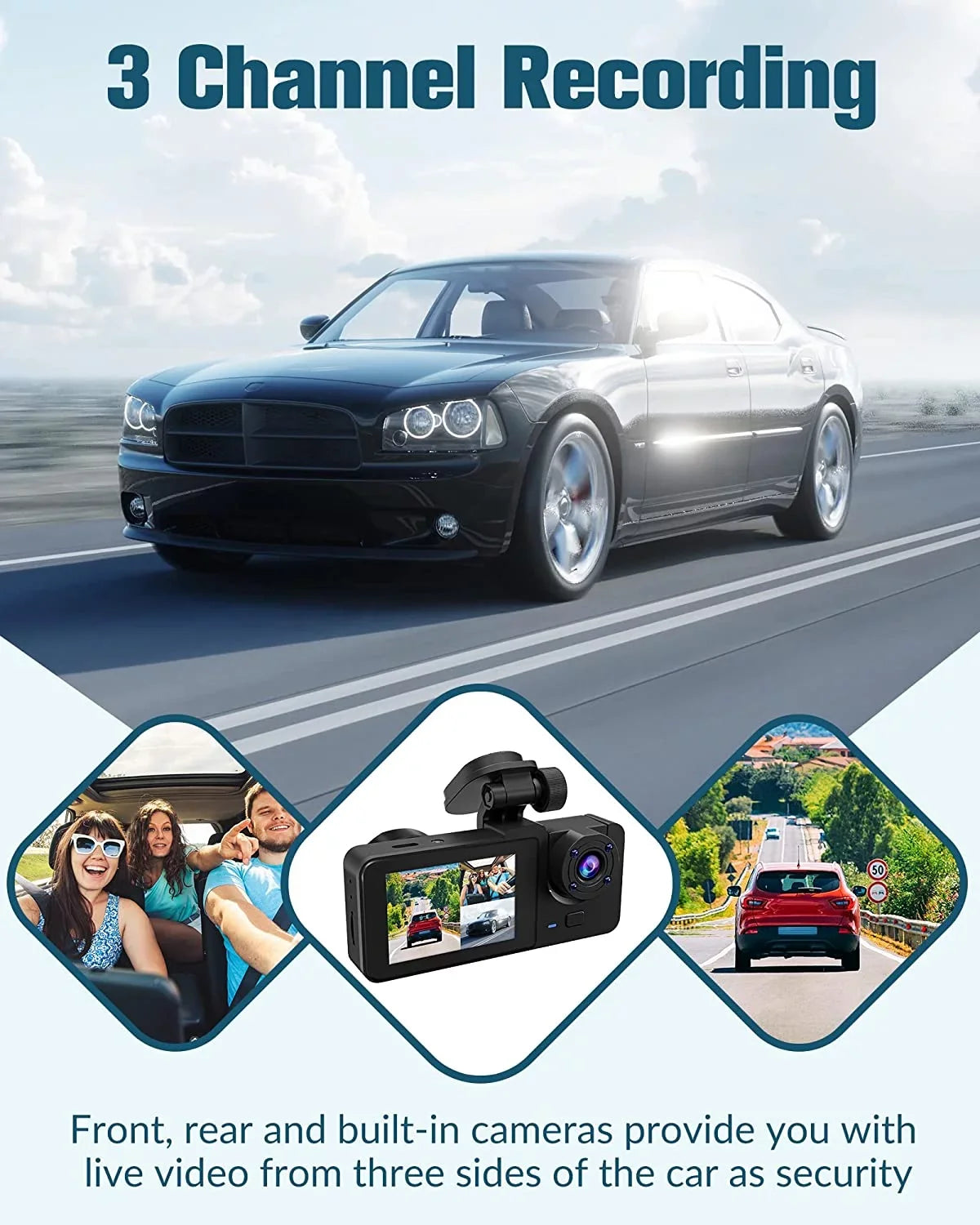 3 Channel Dash Cam Front and Rear Inside,4K Full UHD Dash Camera for Cars with Free 32GB SD Card,Built-in Super Night Vision,170°Wide Angle,2.0'' IPS Screen,WDR,Loop Recording,24H Parking Mode