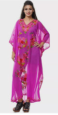 Bikini Wear protector up Magenta Caftan Maxi Dress Hand Embroidered Georgette L-51"