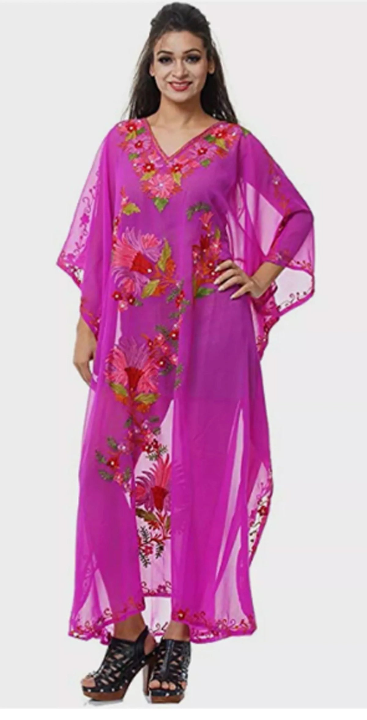 Bikini Wear protector up Magenta Caftan Maxi Dress Hand Embroidered Georgette L-51"