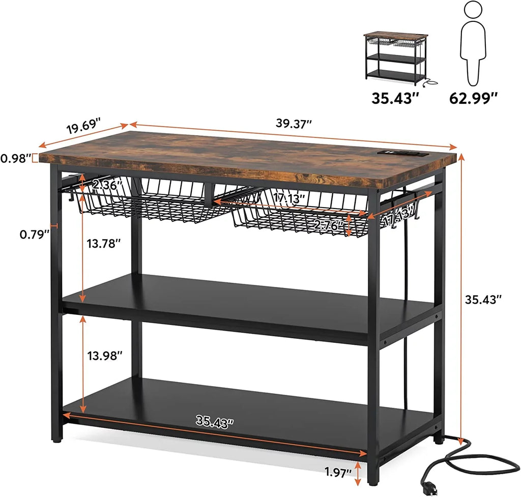STCKJXX Kitchen Island with   Industrial Island Table with Power Outlets and Wire Baskets  3 Tier Microwave Oven Stand Butcher Block Island with Large Worktop  4 Hooks  Rustic Brown