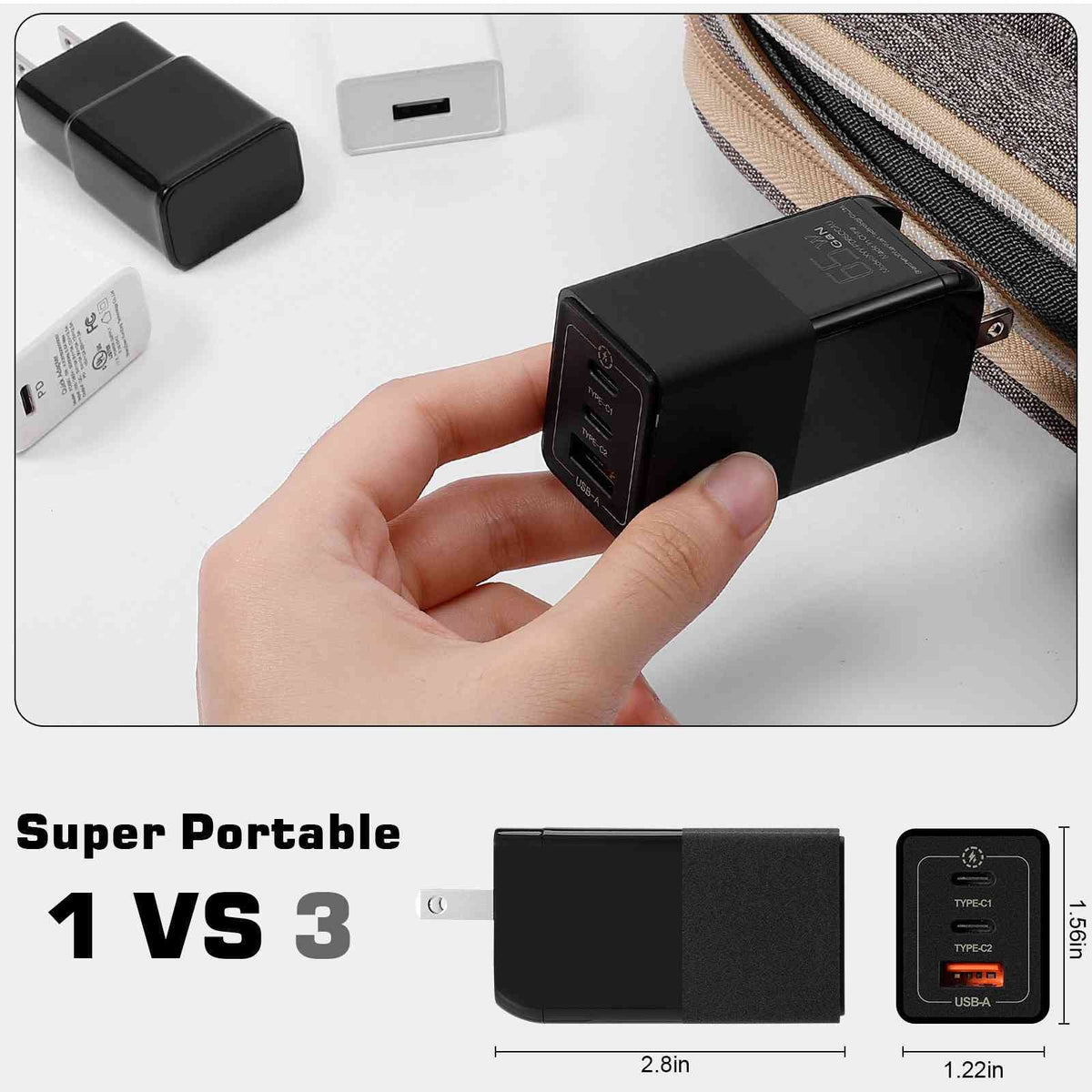 UrbanX 65W Fast Travel Charger with 3 Ports USB & Dual USB-C High-Speed Charging matching with Doogee S86/S88 Plus/S96 Pro/S58 Pro/S59, iPhone,  Galaxy, Google Pixel, MacBook, Steam Deck